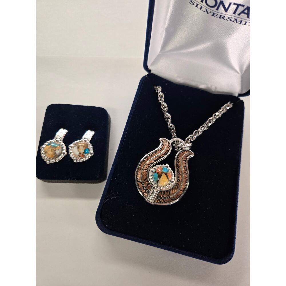Montana Silversmiths Western Horseshoe Turquoise Inlay Necklace Earring Set OS